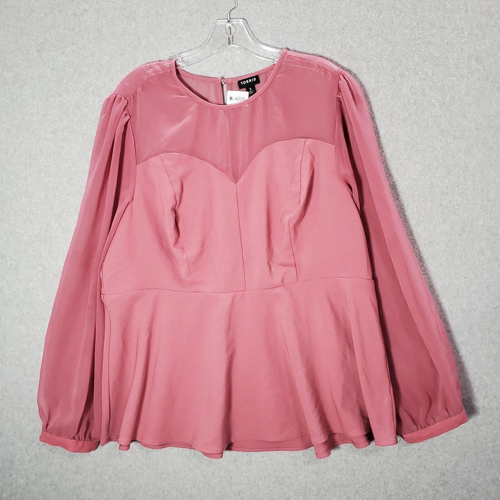 Torrid Women Top 2 Pink Shirt Crepe Mesh Peplum Blouse Long Sleeve Crew Neck